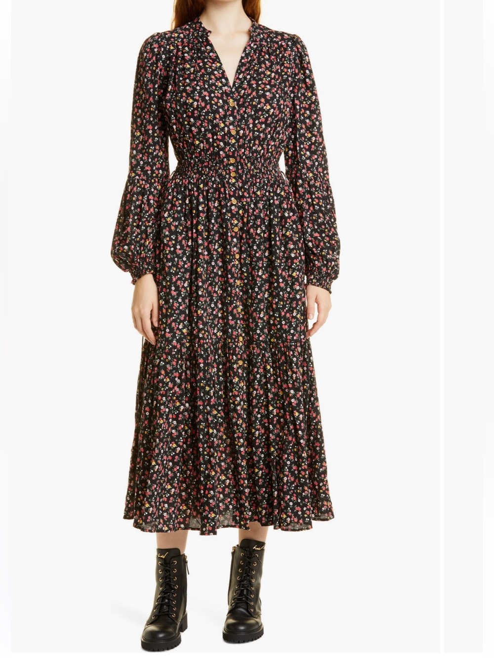 ByTimo Black Floral Long-Sleeve Midi Dress with Smocked Waist